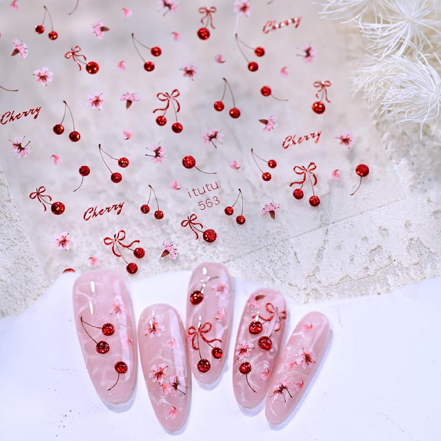 Red Cherry Nail Art Stickers 1 Sheet Self-Adhesive 5D Embossed Cherry Blossom Bo