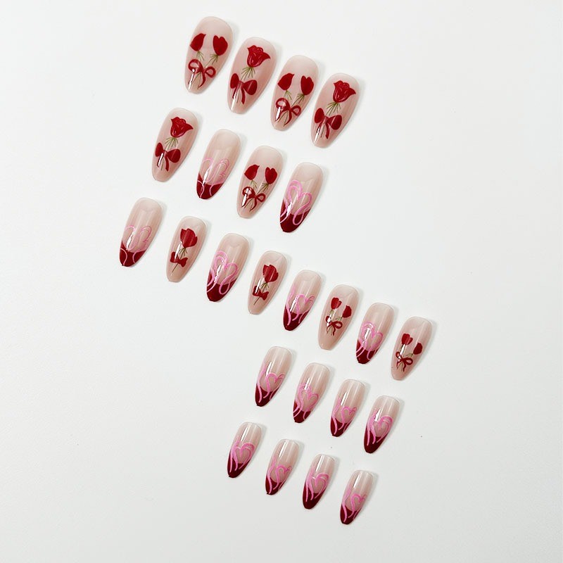 48PCS Long Almond Reusable Bare Pink Flame with Peach Heart-shaped Fake Nails