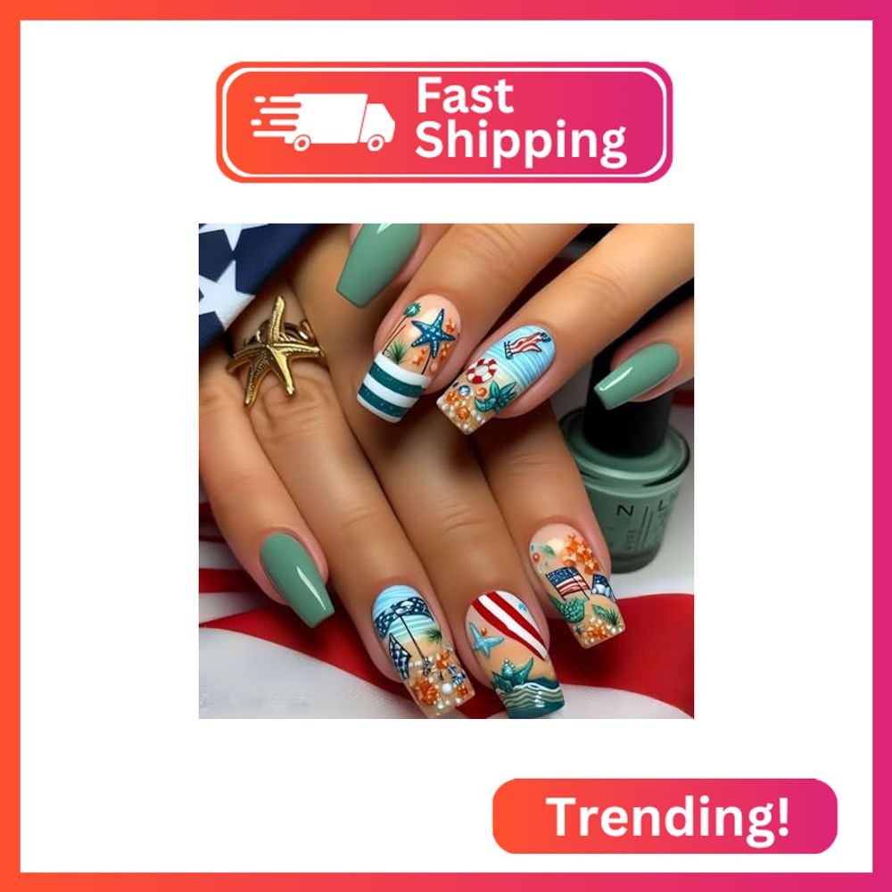 Independence Day Press on Nails Medium Square Stick on Nails with Beach Starfish