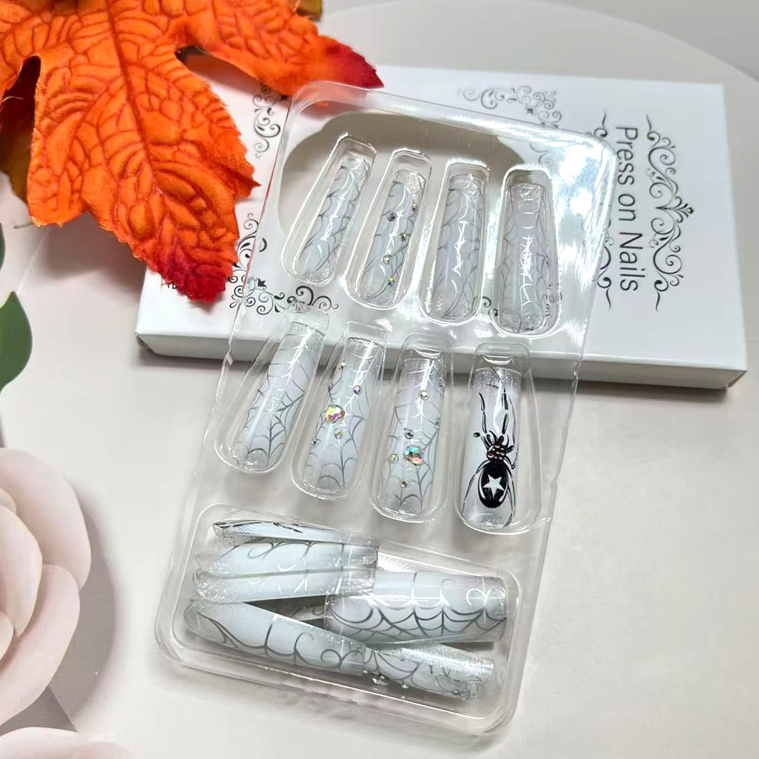 Vopintpy Halloween Press on Nails Silver Spider Web Fake Multicolor