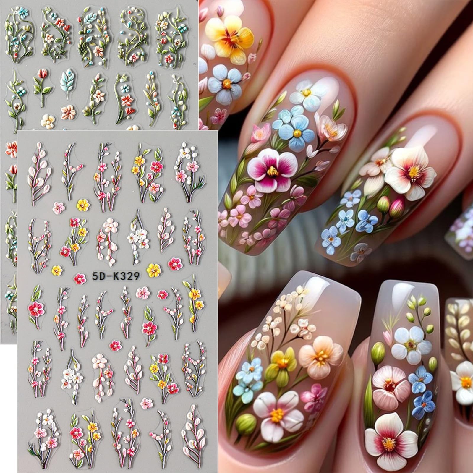 4 Sheets Elegant Spring Flower Nail Multicolour, Green, Orange, Yellow
