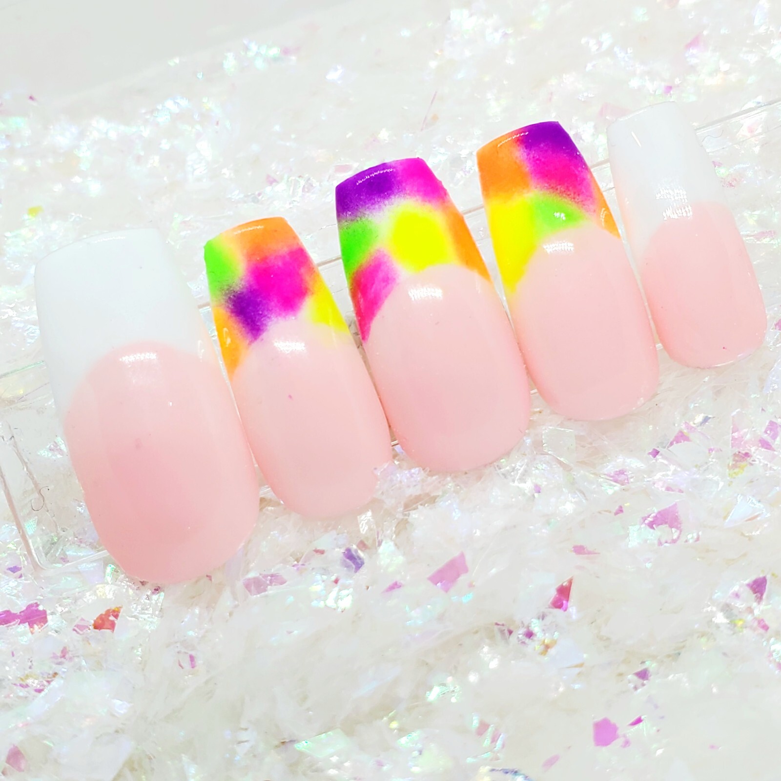 Neon Tie Dye French Tip Short Square Nail Set Press On Nails Handmade Hard Gel