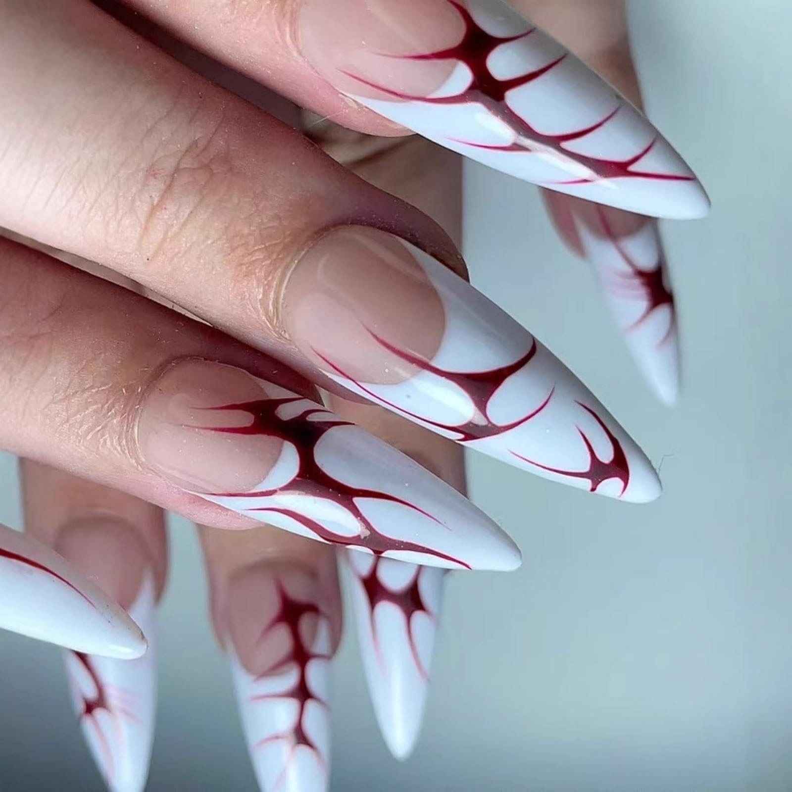 Halloween Press on Nails Long Almond Stick on Nails with Red Flame Design Glo…