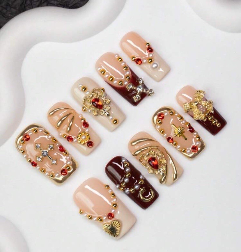 3D Flower Press-On Nails Medium Square Full Cover Red Charm White Blue Set