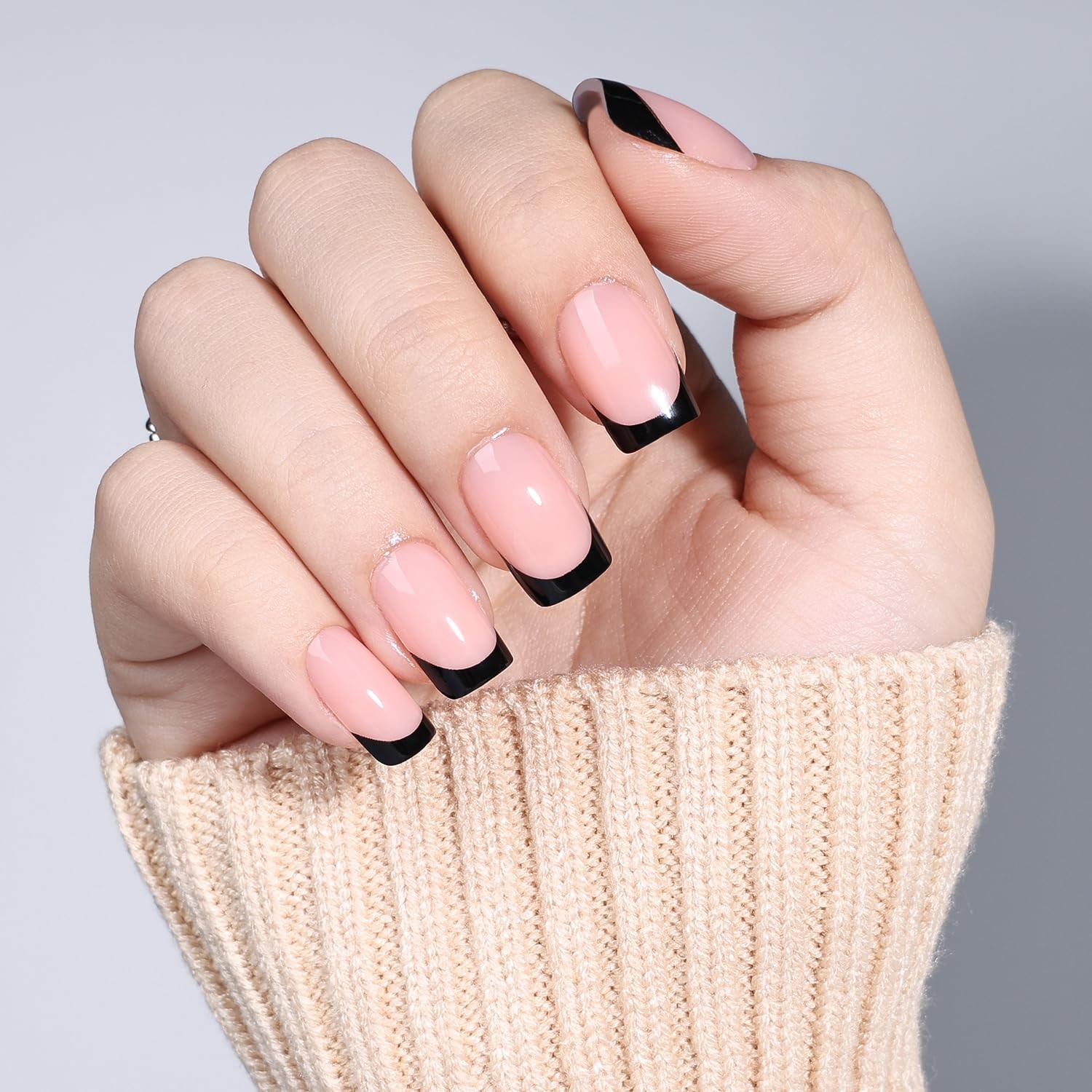 Black French Tip Press On Nails Square- Black Short Fake Nails, Square Press …