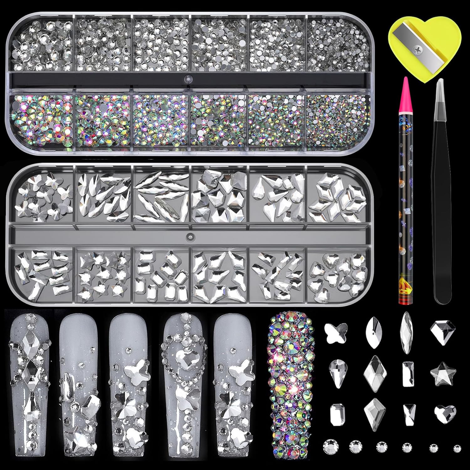 White Nail Rhinestones – 12 Types of Multi Shapes Diamonds & 12 Sizes Flatback r