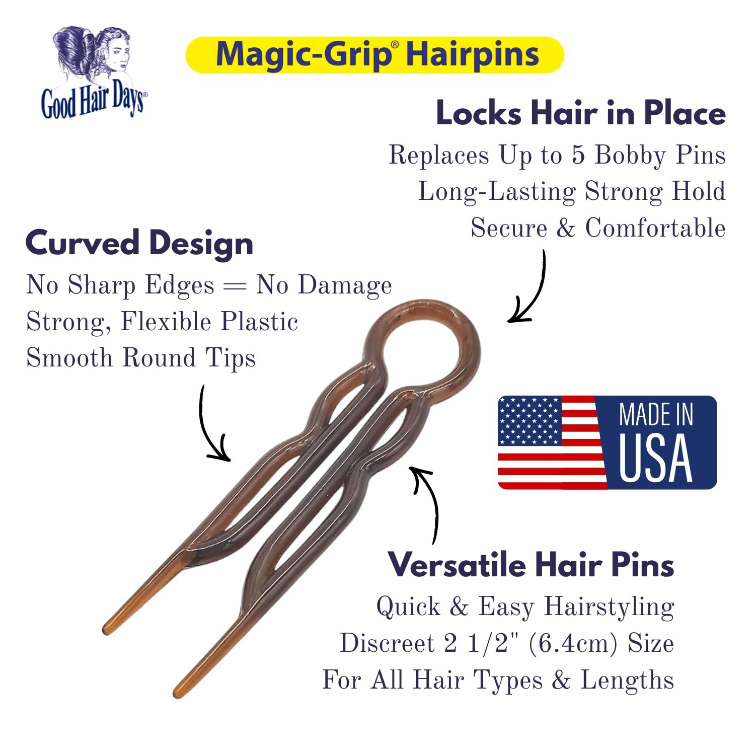 Good Hair Days Magic-Grip Hairpins – 2 1/2″ U-Shaped Grip Set of 10, Black