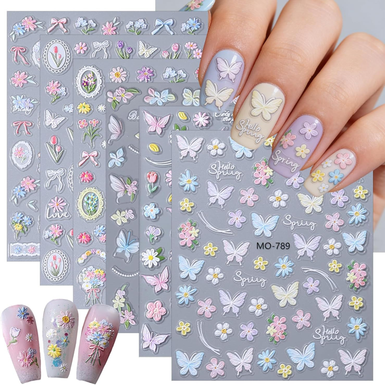 4 Sheets 5D Embossed Gradient Flowers Nail Stickers for Nail Art Design Summer F