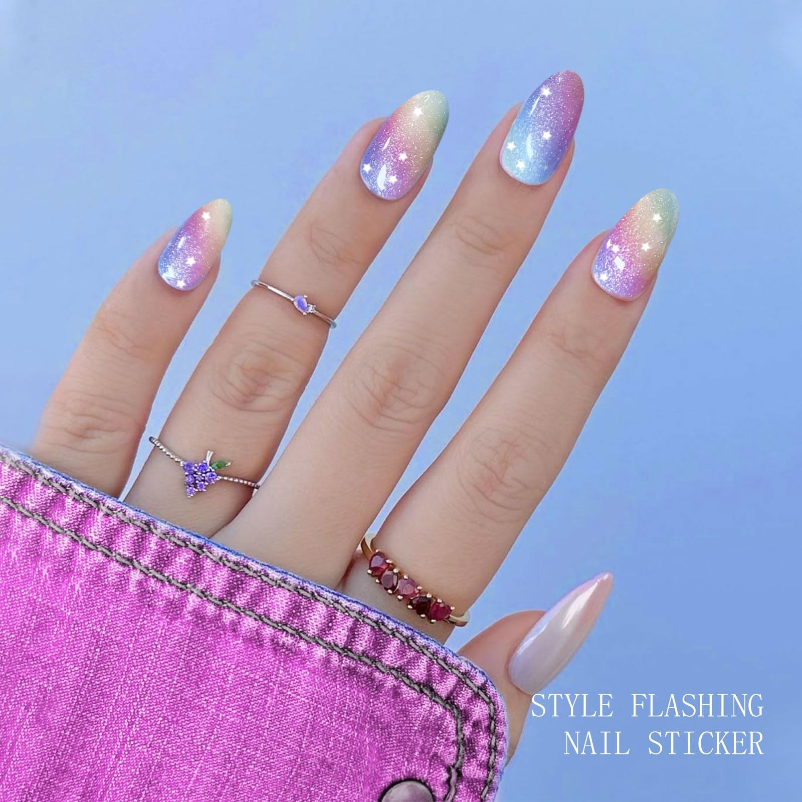 Gel Nail Stickers Rainbow Glitter Semi Cured Gel Nail Strips Wraps UV/LED