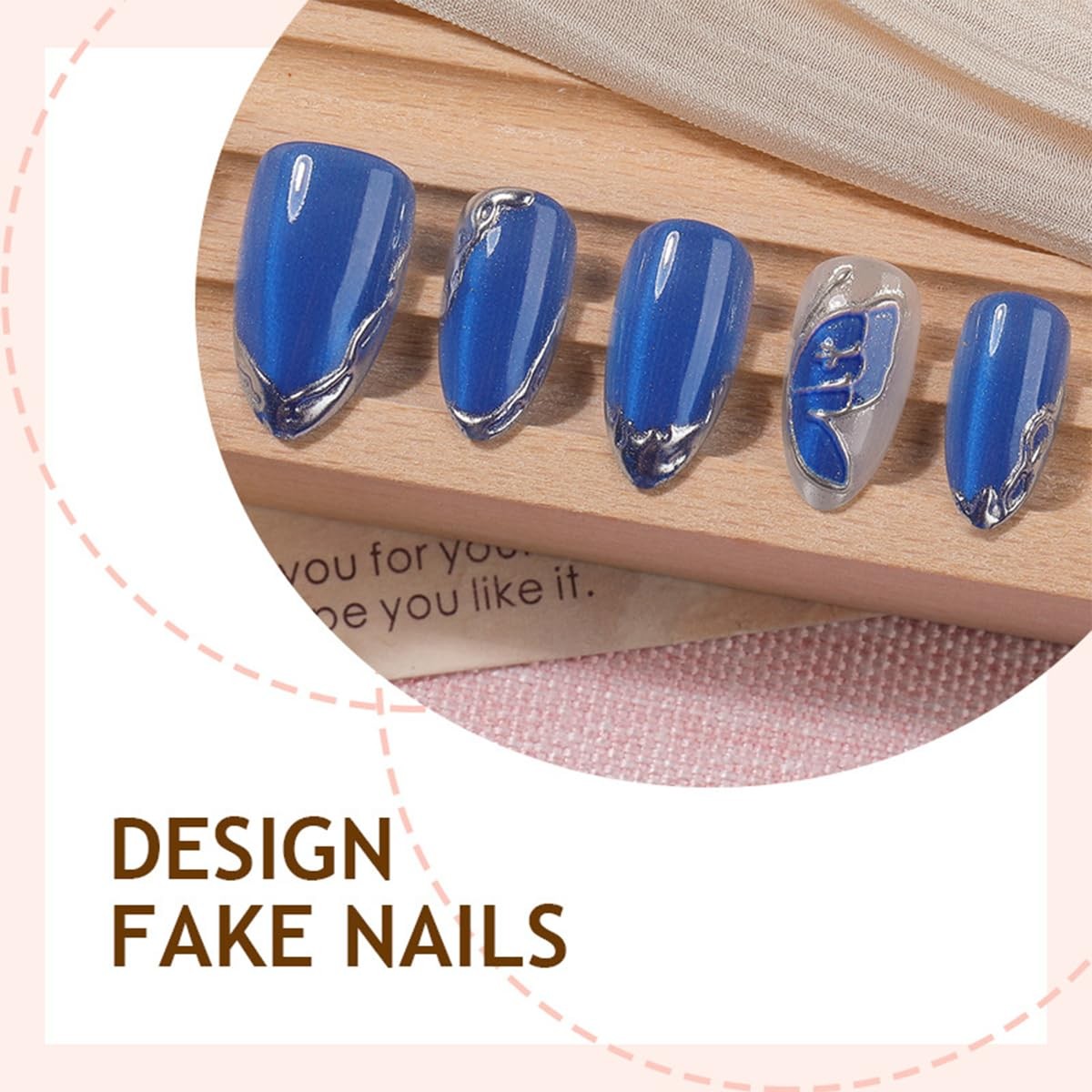 Royal Blue Cat Eyes Press on Nails Short Almond Fake Nails Press ons with But…