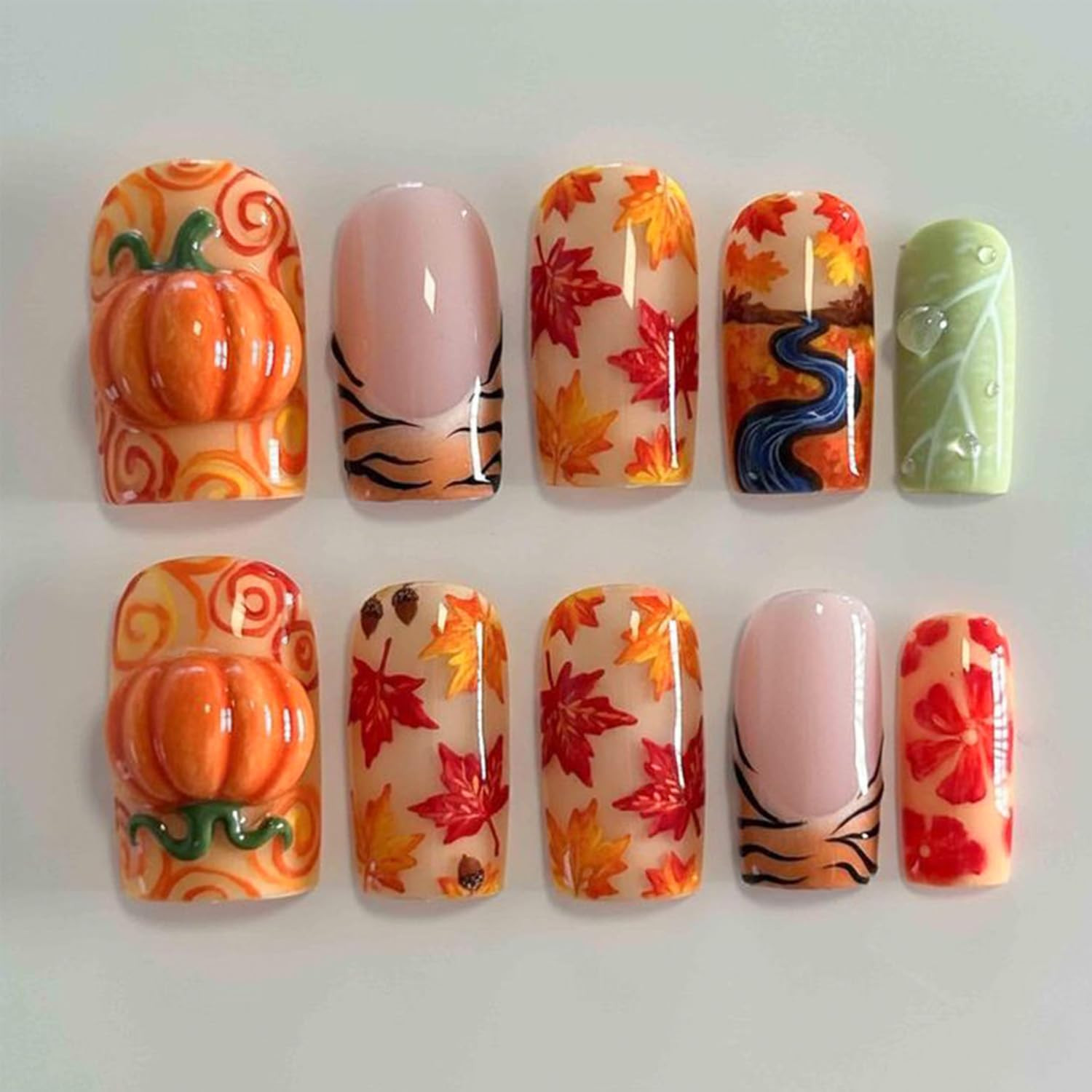 30Pcs Flower Press on Nails Medium Almond Fake Nails 3D Floral with Pearl Design