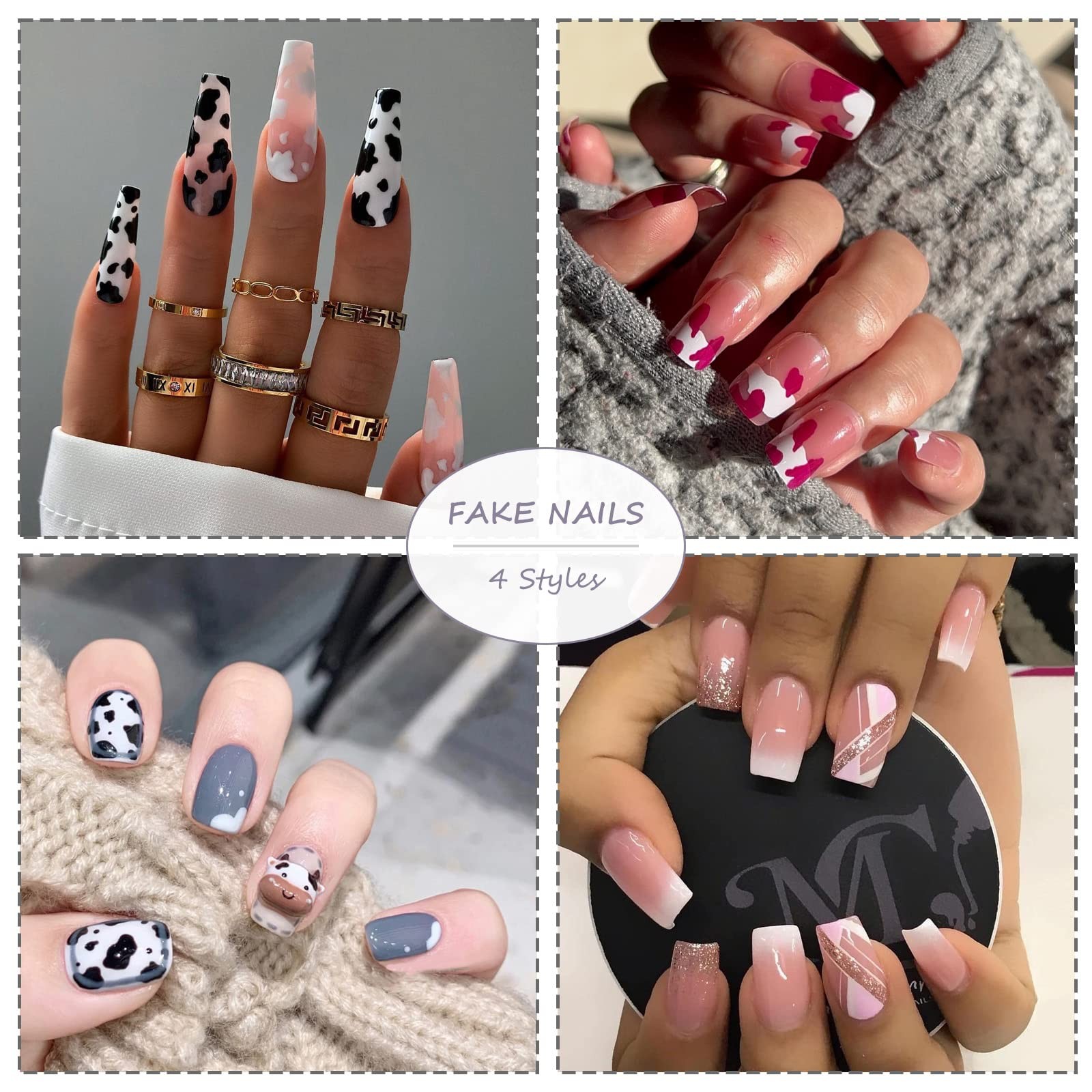 Square Press-on Short Cow Print Nails – 24Pcs Cute Squoval Fake Glossy Black …