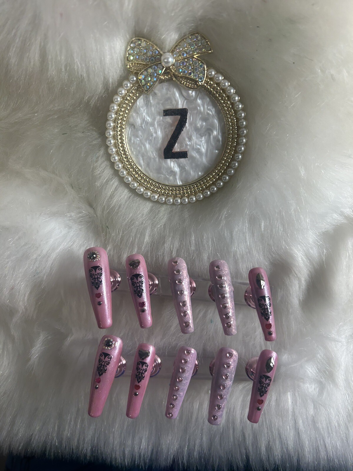 Z NAILZ! 10 Pc Handmade Set 2XL Coffin Pink W/heart Stones Shiny Press On Nails