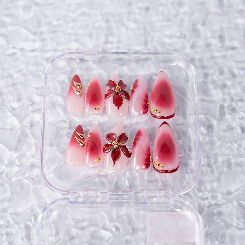Handmade High Quality Almond Press On Nails Pink Red Gradient Fake Nails S-L