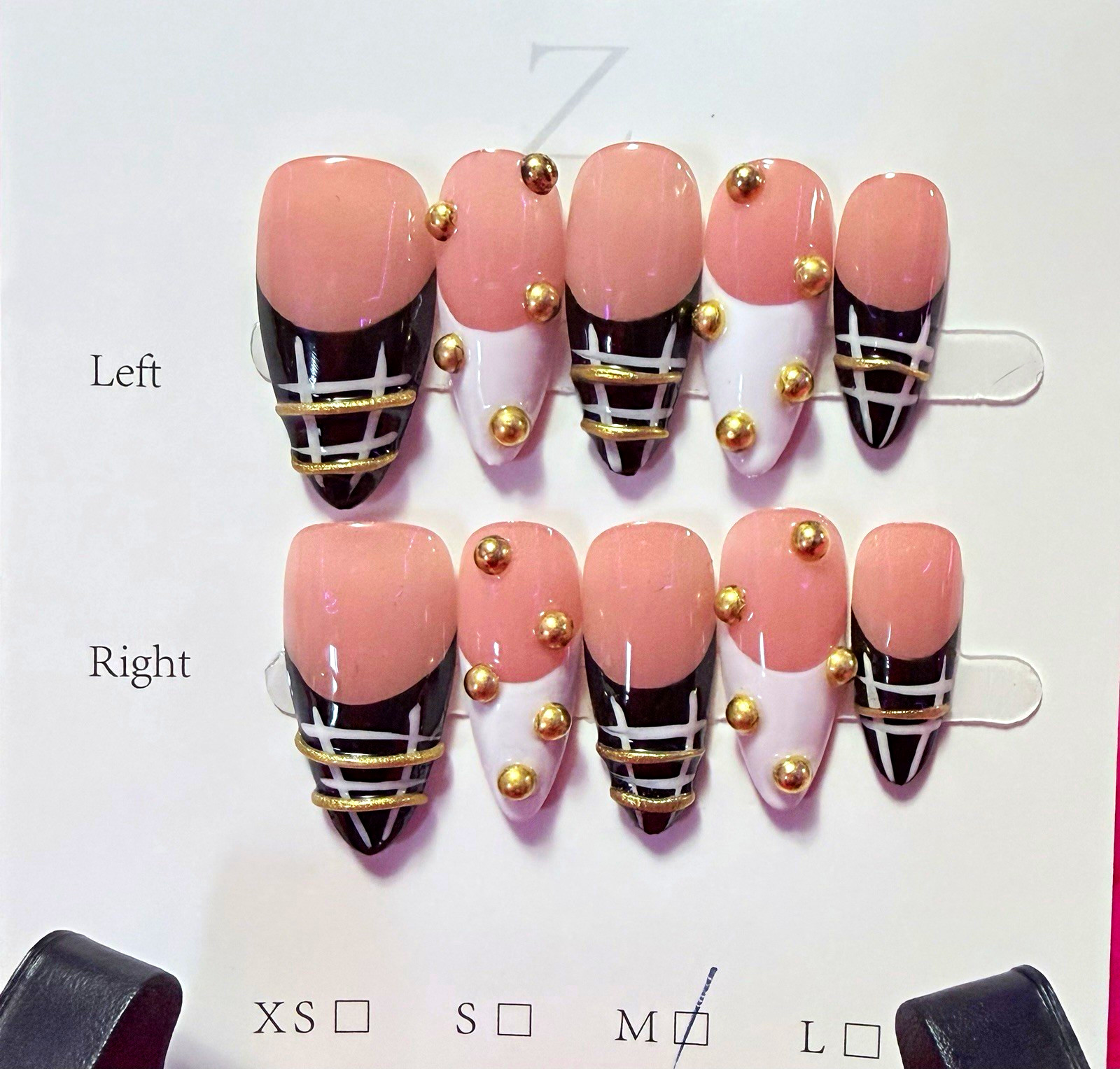 Pink/Black/White/Gold Shiny Almond Press-On Nails, Medium, Full Cover Geometric