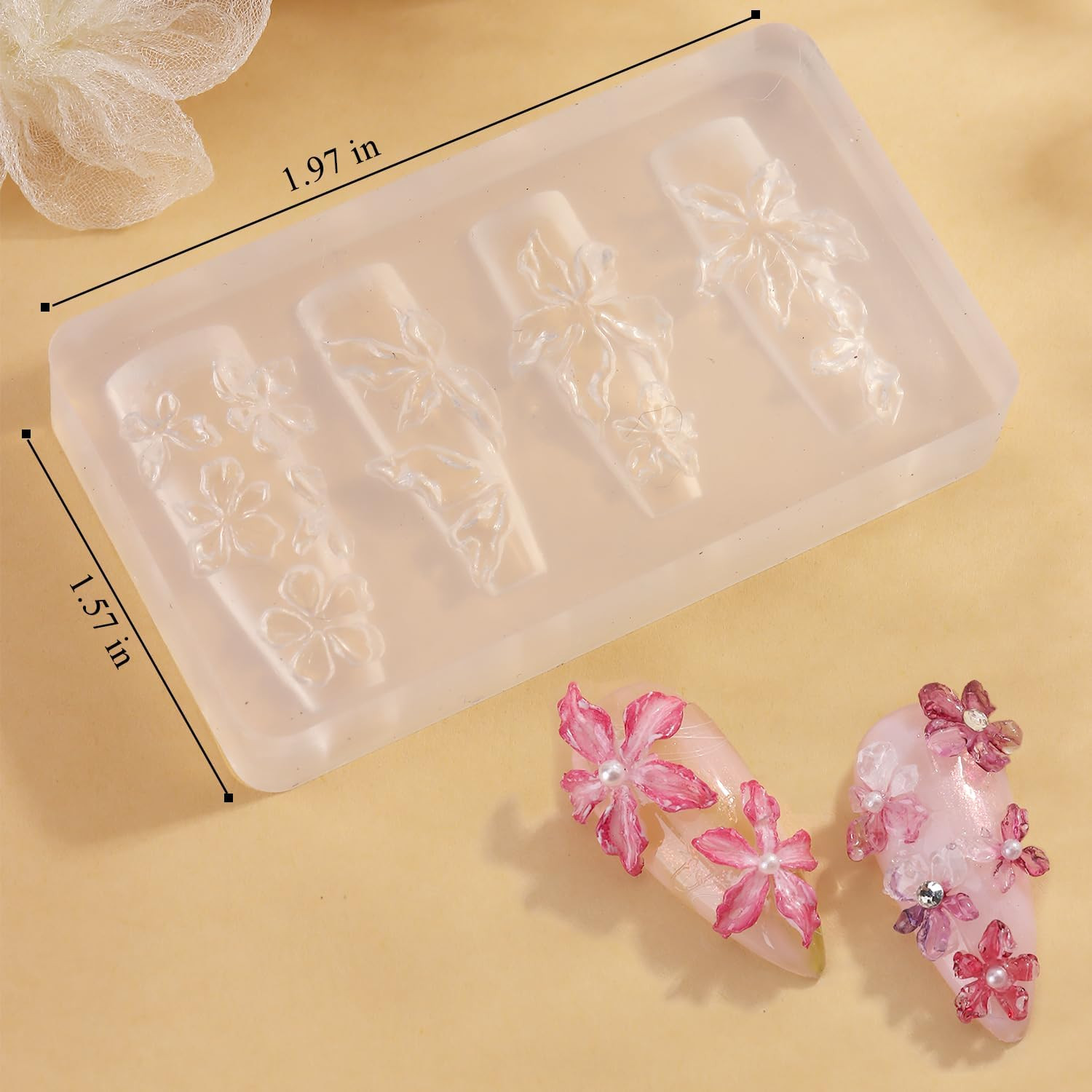 Silicone Nail Molds, 2PCS Reusable Clear 3D Flowers Nail Art Molds with Carving