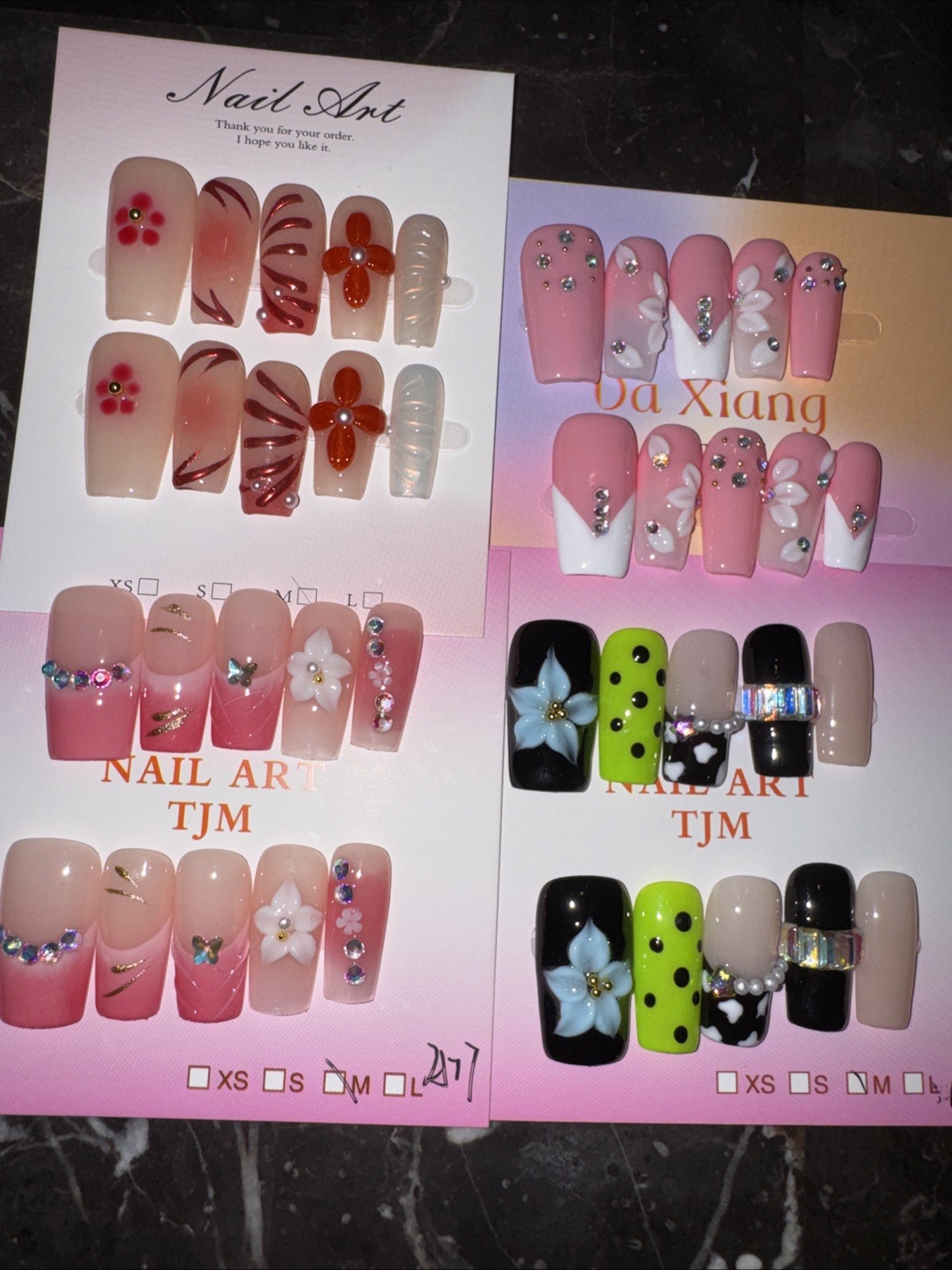Handmade Square Press On Nails Medium 3D Flower French Tip Variety Bundle Size M