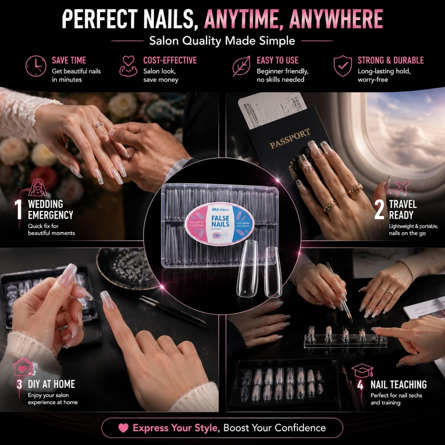Long Square Nail Tips,Pre-Etched Full Cover Soft Gel Nail Tips | 240Pcs Clear No