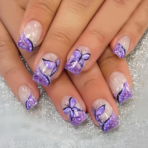 Press on Nails – Short Square Glue on Nails with Purple 01602-01Purple