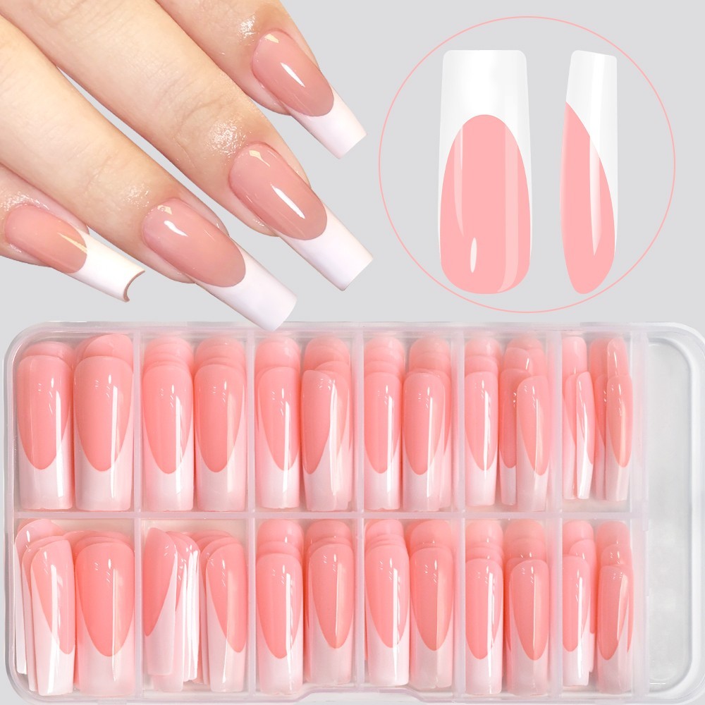 Title: 120PCS Glossy Pink French Press On Nails 12 Sizes Full Cover False Nails