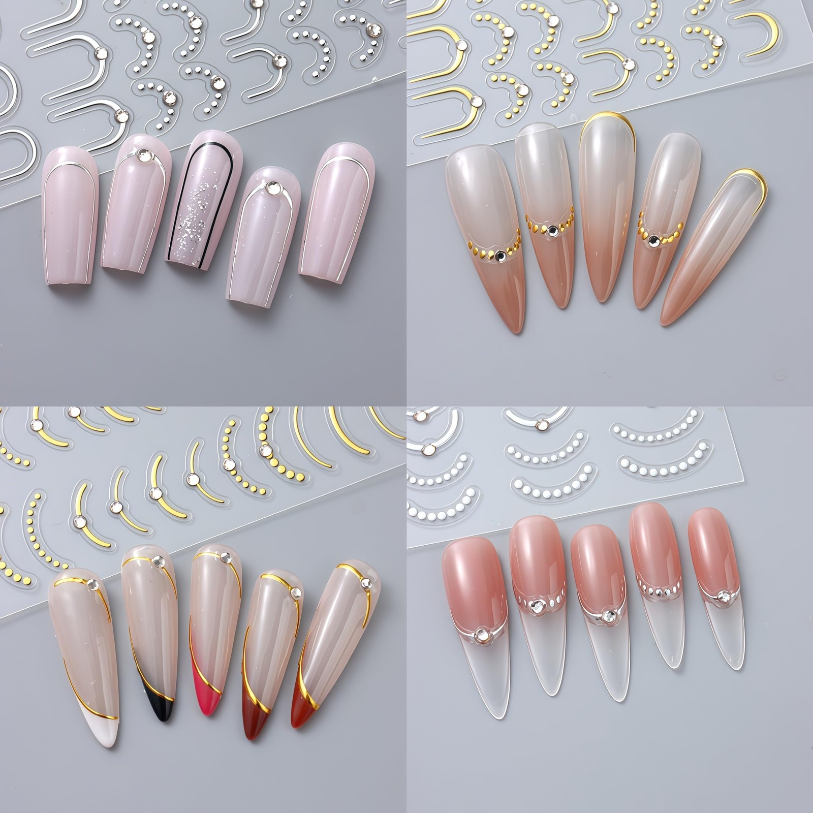 4 Pcs French Line Nail Art Stickers Decals 5D Embossed Gold Sliver Lines Nail…