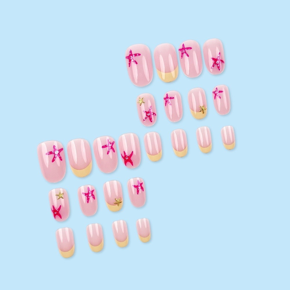 24PCS Starfish Motif Oval Press On Nails For french Style Nude Yellow Marine