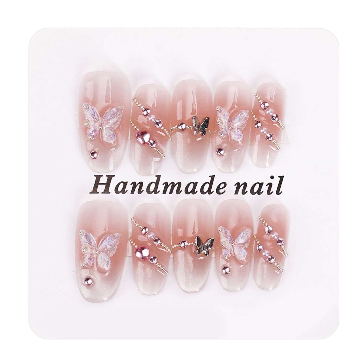 10pcs Long Square French Manicure Press-On Nails, Light Pink Butterfly Design