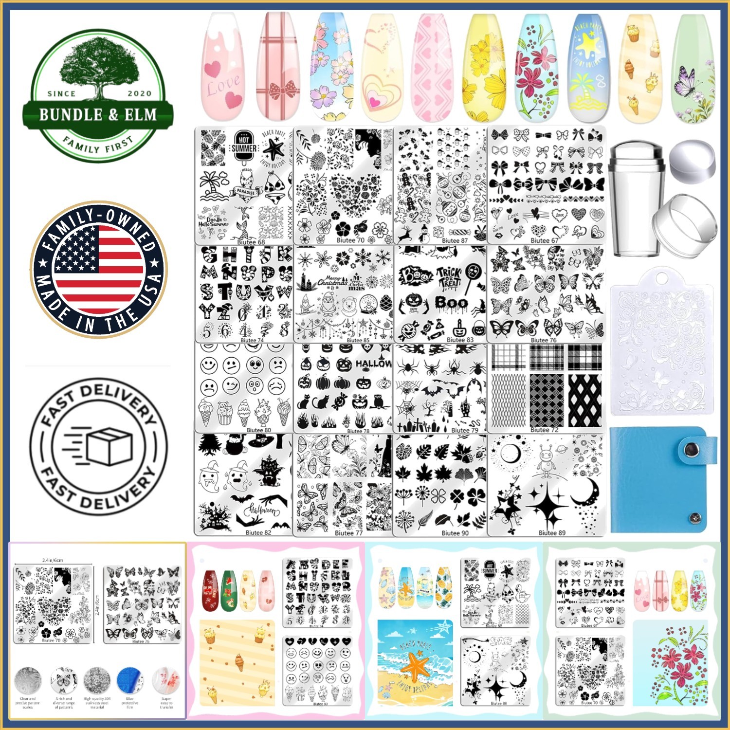 16PCS Nail Stamping Plates Kit with Silicone Stamper, Scraper & Storage Bag