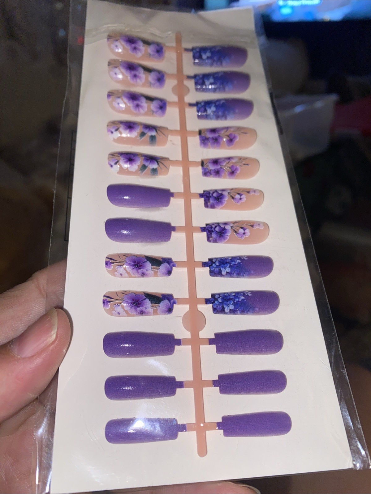 24 Pc Purple Pink Long Square Flower Press On Nails w/Glue & Nail