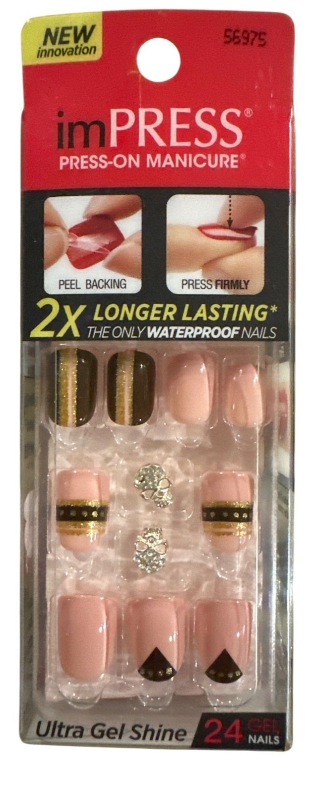 ImPRESS KISS 24 Nails SHORT SQUARE Shiny Peach+Black+Gold SILVER SKULL CHARMS 1a