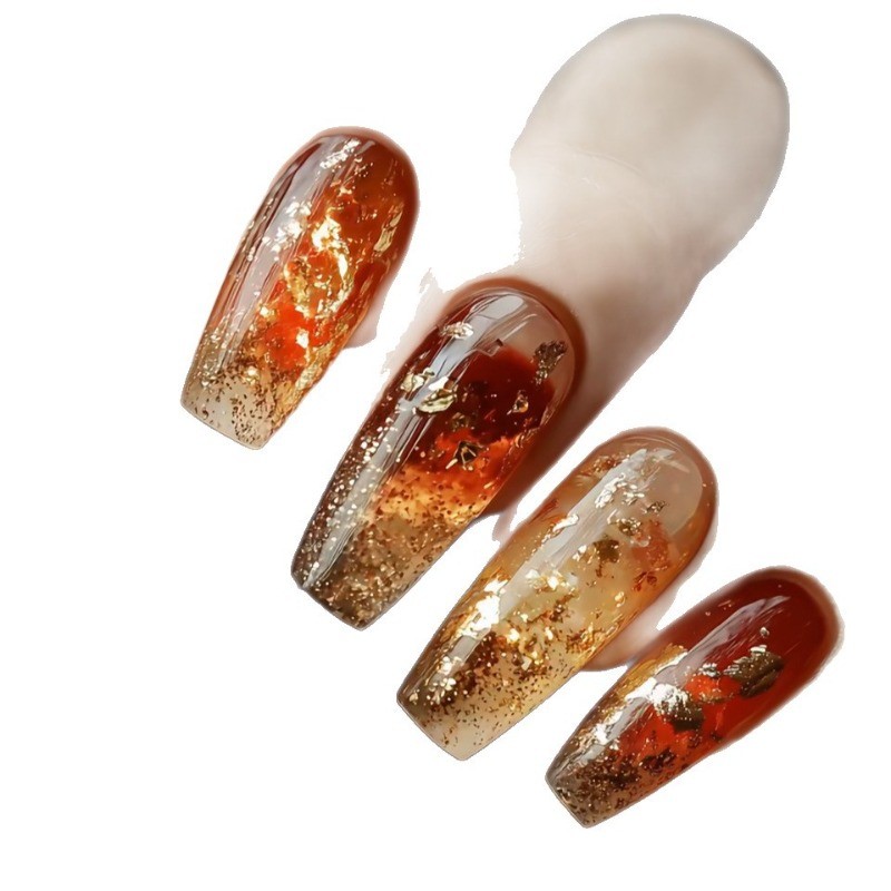 48Pcs-Autumn Gold Press on Nails Long Coffin Nail Art Amber Gradient Finish