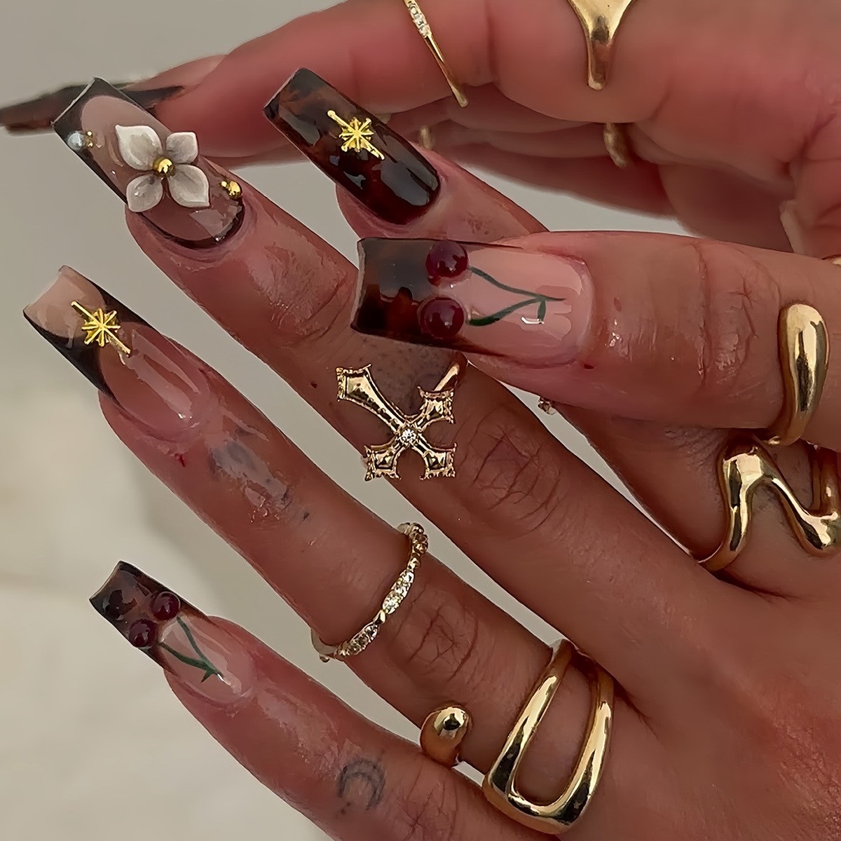 Wholesale Cherry Star Flower Square Press On Nails Removable
