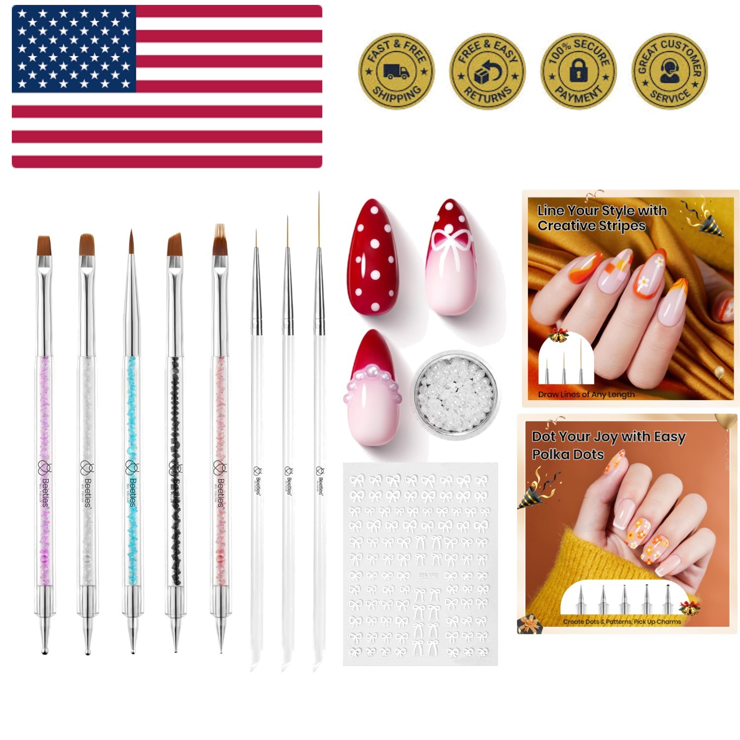 Beetles Nail Art Brushes 8pcs – Crystal Nail Art Tools 5pcs Double-headed Nai…