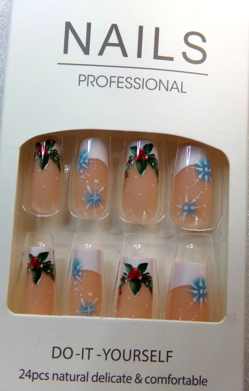 Beautiful Nails French with Snowflake & Holly Accents glue on Long