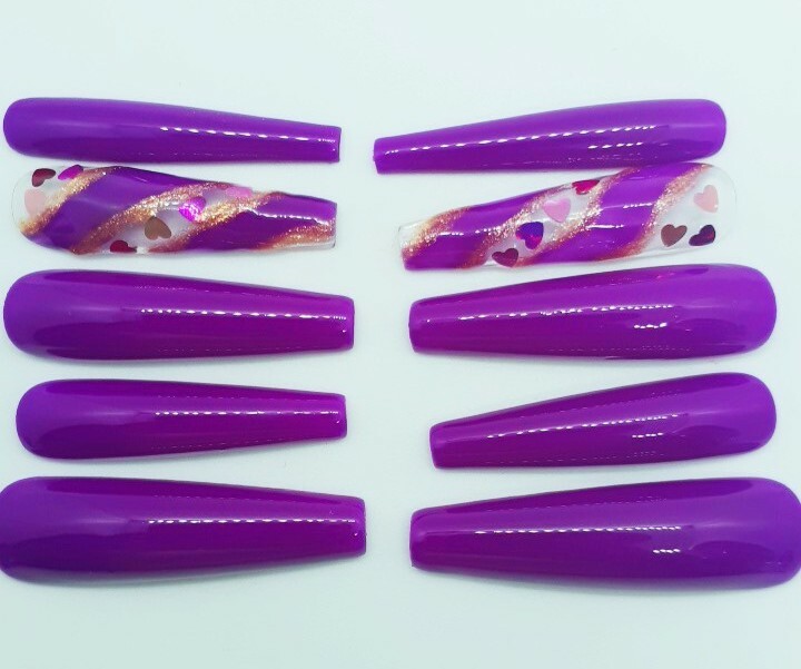 XXL Long Purple Nails Coffin Ballerina Gold Pink Hearts Love-Clearance