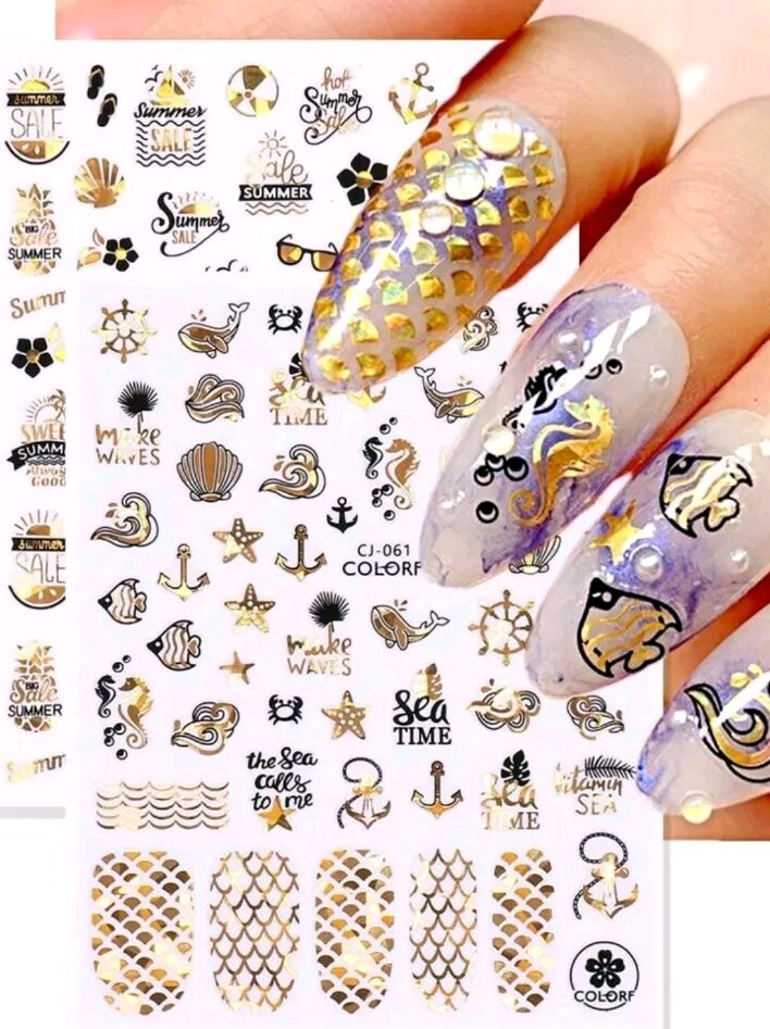 Beach Gold Nail Art Transfer Stickers Anchors Shells Mermaid Scales Whales Waves