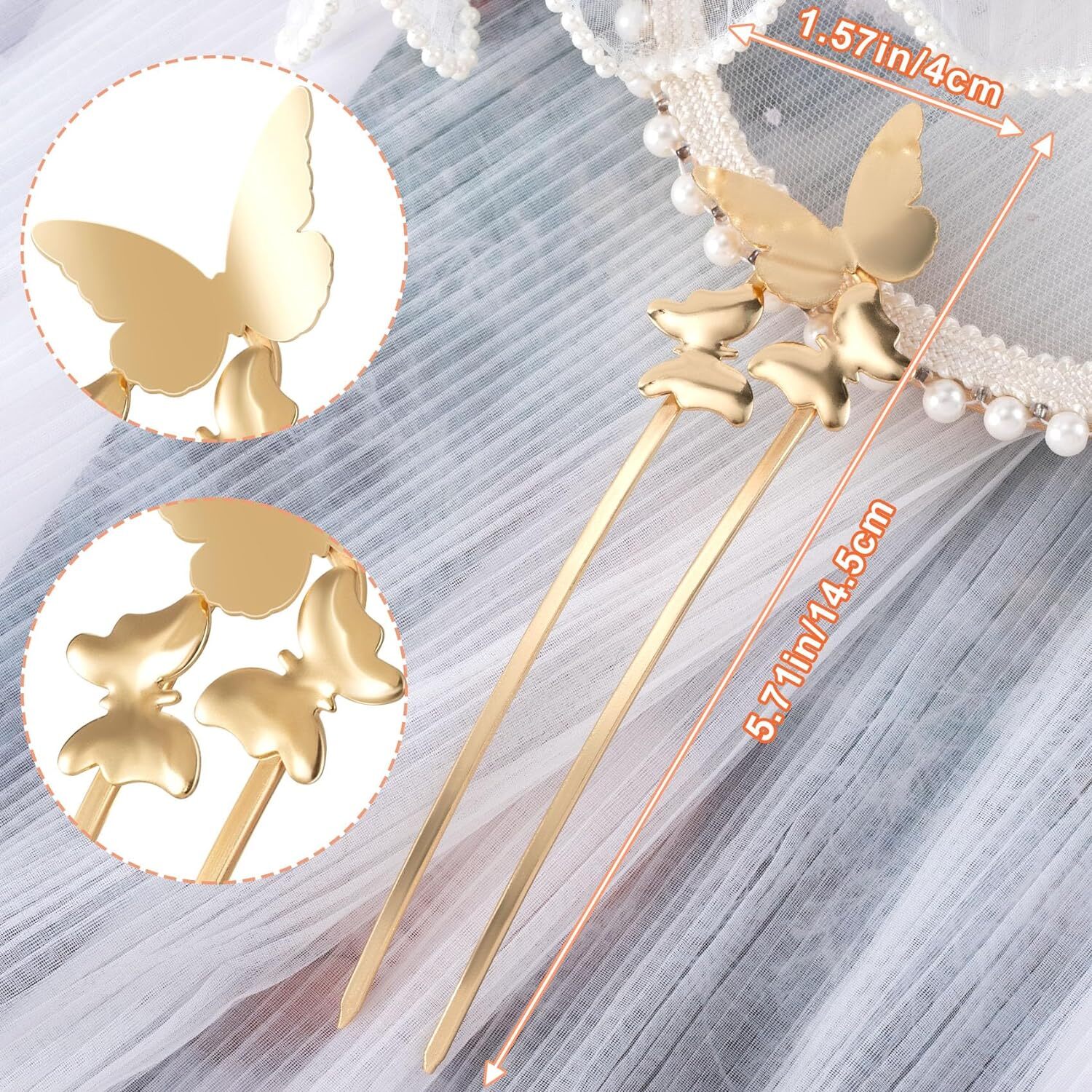 2pcs Butterfly U Shaped Hair Pins Metal French Retro Fork gold+sliver