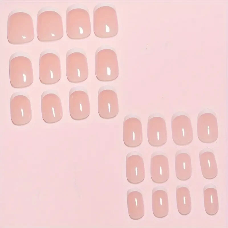 24Pcs French Manicure Press On Nails Nude Tone Square Short Length Glossy Finish