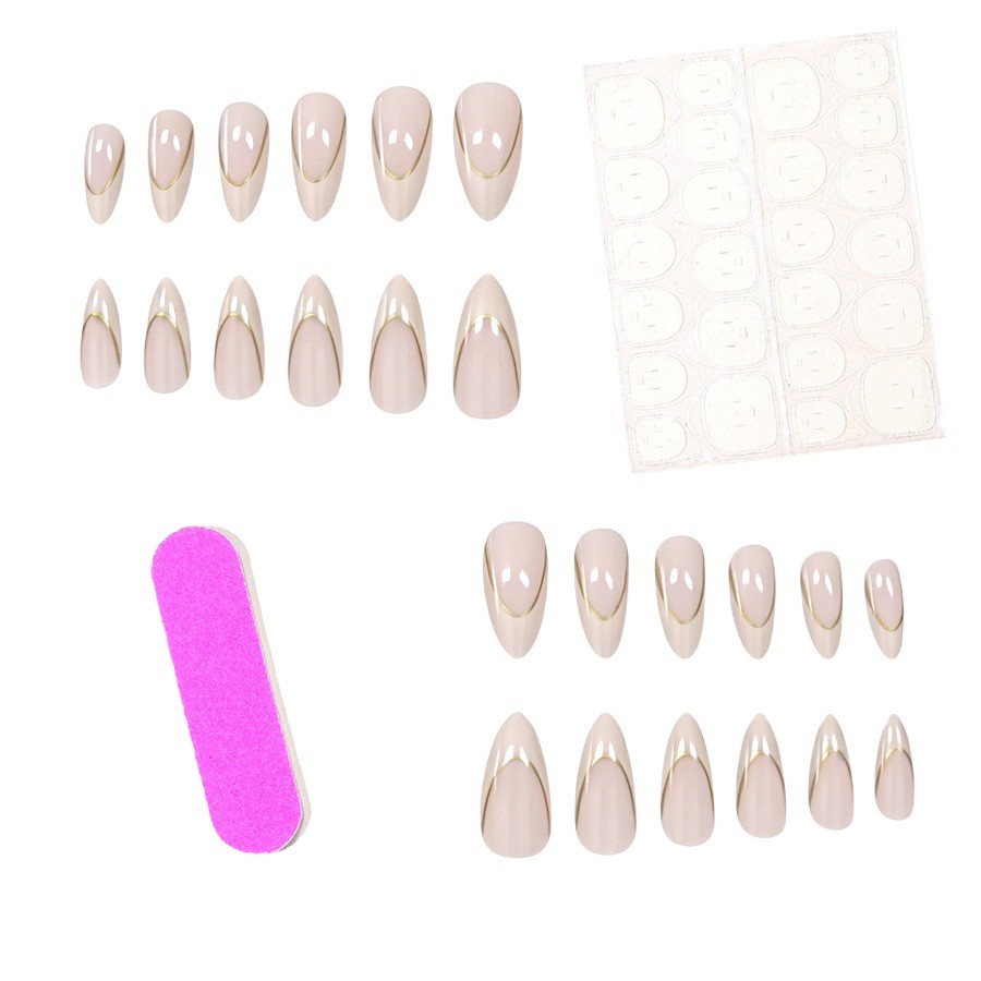 48Pcs-Long Almond Nude White French Thin Gold Line Fake Press on Nails Set