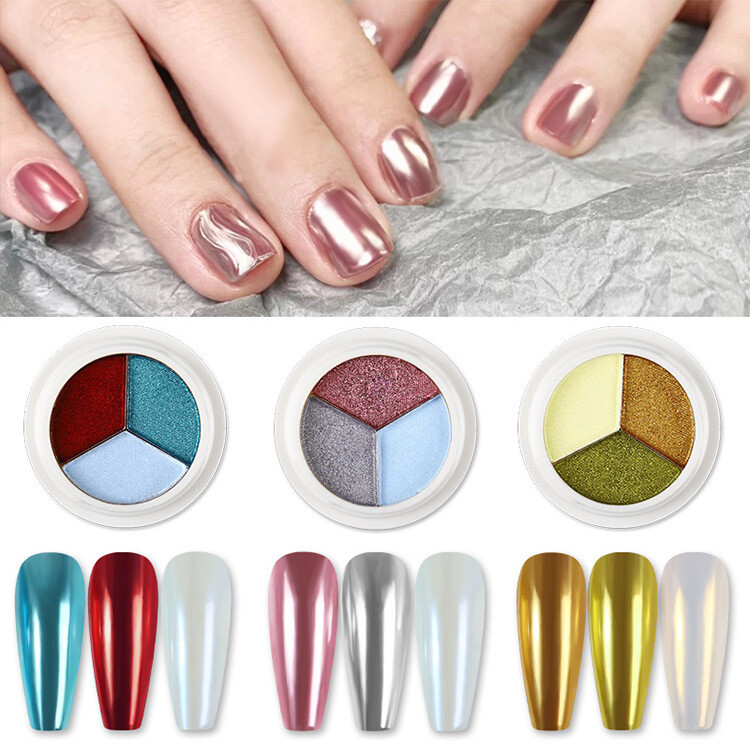 3Colors Nail Pigment Mirror Effect Nail Art Glitter Holographic Powder Dust DIY
