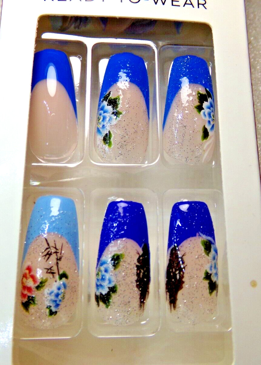 KISS NAILS GLUE ON Shiny Blue French with Flowers LONG LENGTH, COFFIN SHAPE