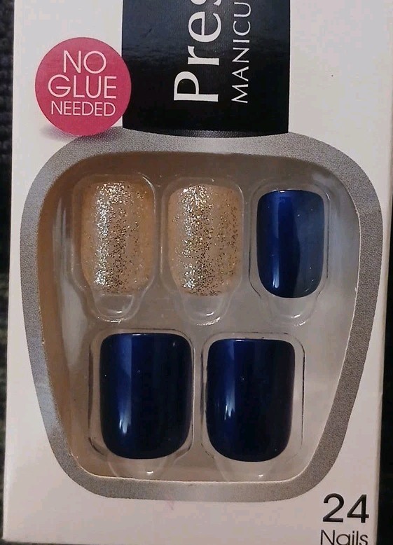 Kiss Press-On Manicure 24 Short Square Tip Nails- Royal Blue Gold Glitter Accent