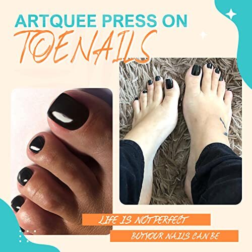 28pcs Solid Press on Toenails Short Fake Toe Nails Square Glossy Full Black
