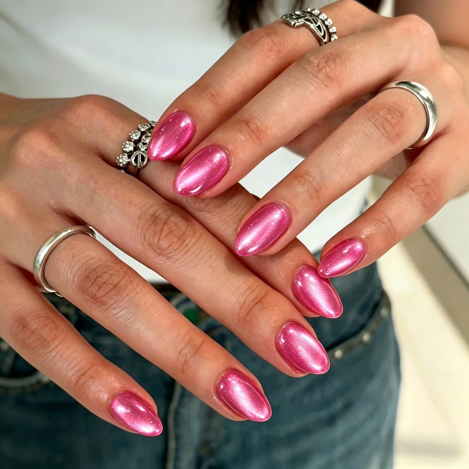 KQueenest Cat Eye Press On Nails Short – Hot 30 Pieces (Pack of 1), Pink