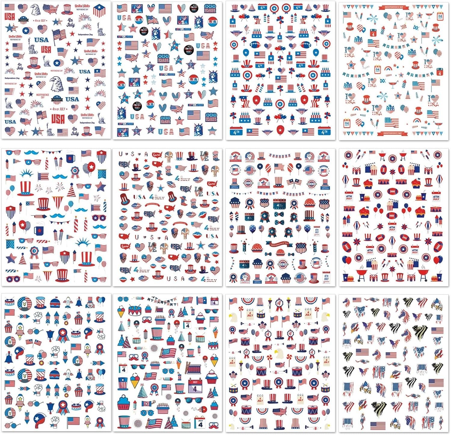 12 Sheets Patriotic Nail Art Stickers – Easy Self-Adhesive Designs for July 4th
