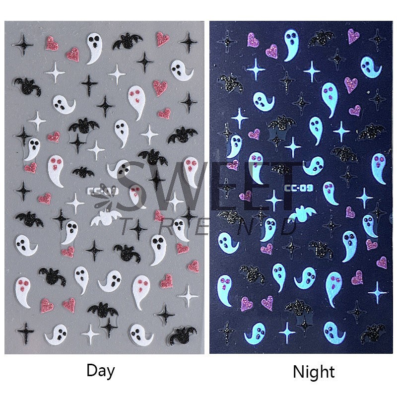 4Pcs Glow in The Dark Halloween Glitter Nail Decals Ghost Spider Web Skull NH30
