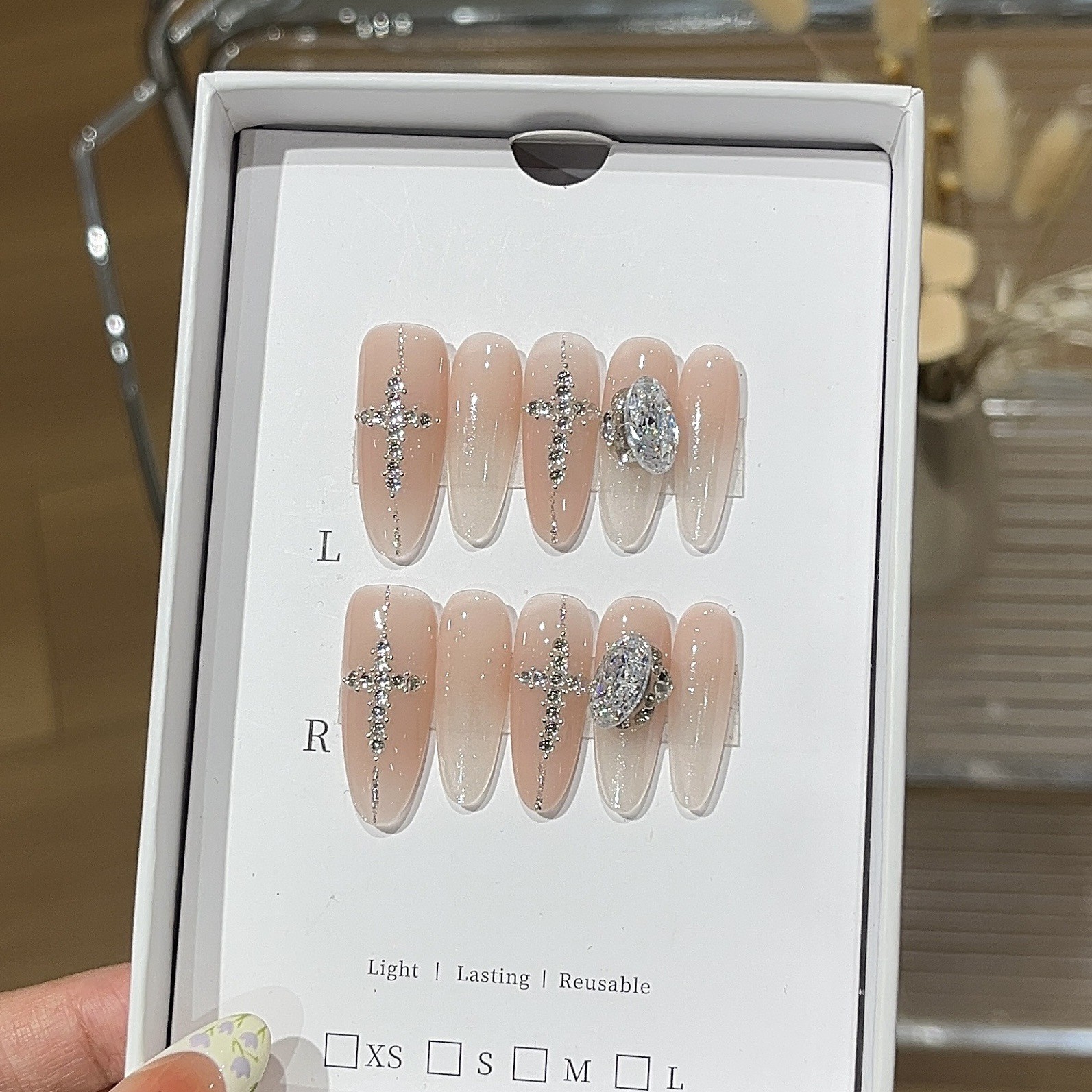 10Pcs Handmade Milky White Gradient Nails Cross Zircon Bridal Dating Style