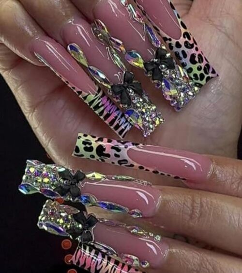 Press on Nails Square – Extra Long Fake Nails with 3D 5-Sunset Spots