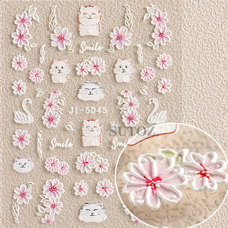 5D Embossed Pink Camellia Flowers Decals Nail Stickers Sliders Manicure JI5D45