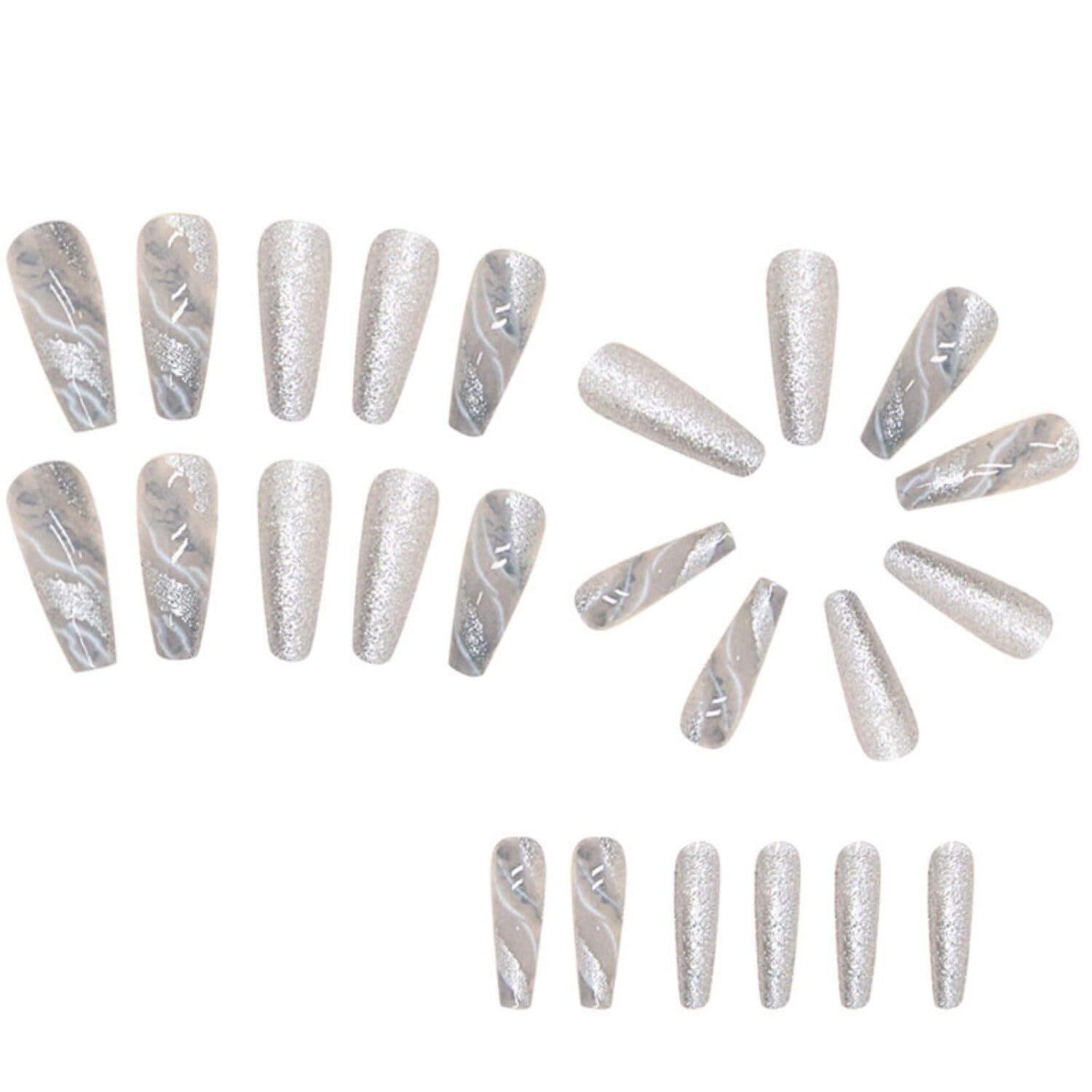 Glitter Coffin Press-On Nails Silvery Marble Gradient Full Cover Artificial Nail